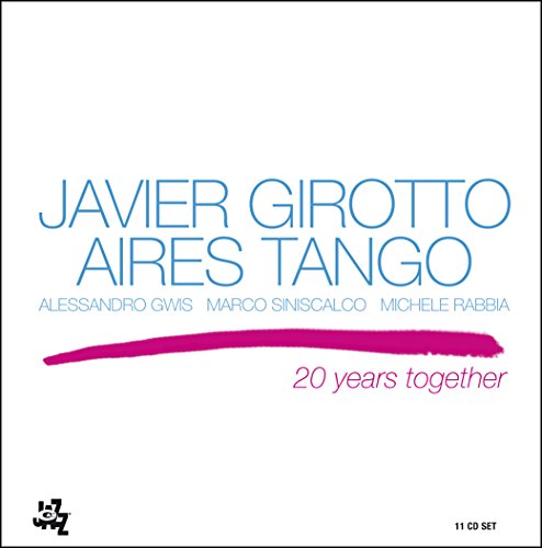CD cover for Javier Girotto’s “Aires Tango” with pink and blue text.