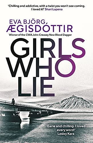 Book cover: “Girls Who Lie” with a bridge and mountain landscape.