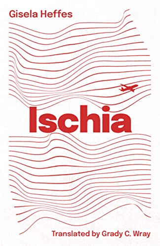 Book cover for “Ischia” with red lines, airplane, and title text.