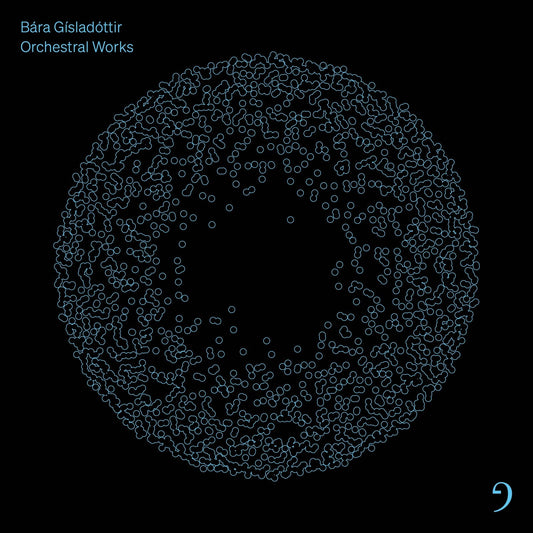 CD cover for Bára Gísladóttir’s “Orchestral Works” with abstract blue line art.