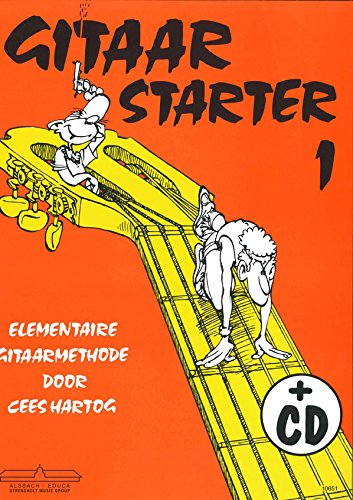 Cover of Gitaar Starter 1 music book with cartoon characters on a guitar neck.