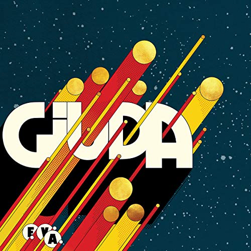 Giuda album cover: red planet graphic with geometric black and white lines.