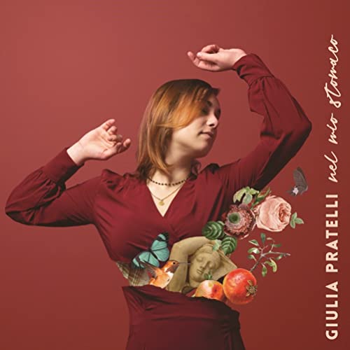 Woman in red with flowers and butterflies, album cover art.