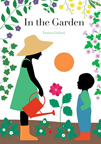 Children gardening with flowers, a watering can, and a sun illustration.