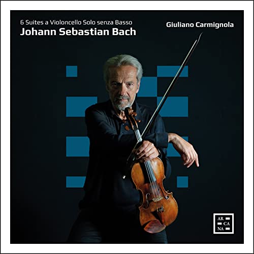 Giuliano Carmignola holding a cello, album cover for Bach’s suites.