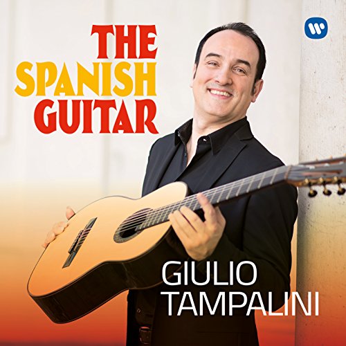 Giulio Tampalini smiling, holding a classical guitar, album cover art.