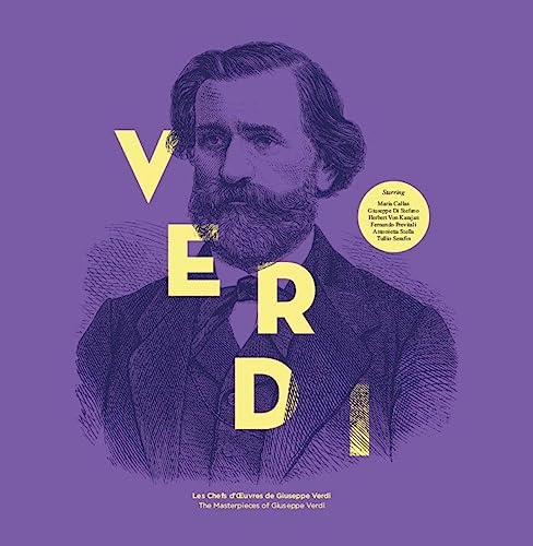 Portrait of Giuseppe Verdi with purple “VERDI” letters, vinyl record artwork.