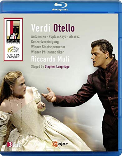 Blu-ray cover for Verdi's Otello featuring a man and woman in period costumes.