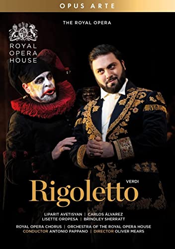 DVD cover for Verdi’s Rigoletto, featuring two opera singers in costume.