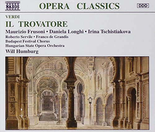 CD cover for Verdi’s “Il Trovatore” opera, featuring an arched building.