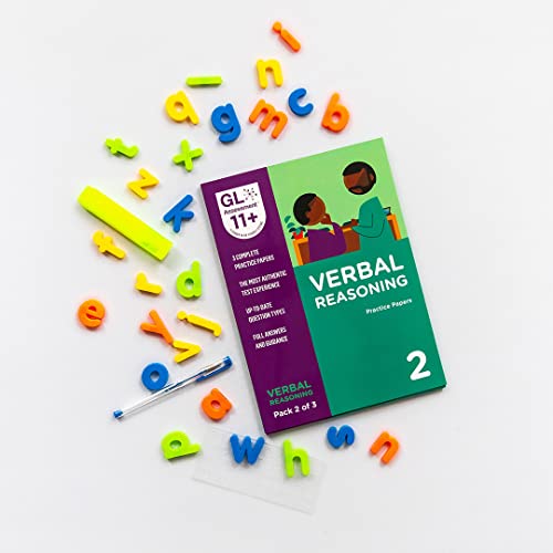 GL Assessment 11+ Verbal Reasoning practice book surrounded by colorful plastic alphabet letters.