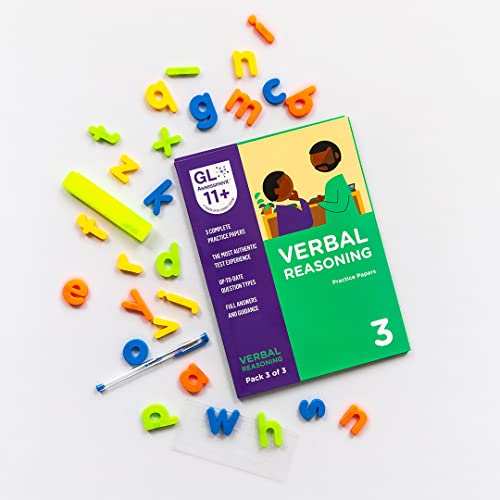 11+ verbal reasoning practice papers with scattered colorful alphabet letters.