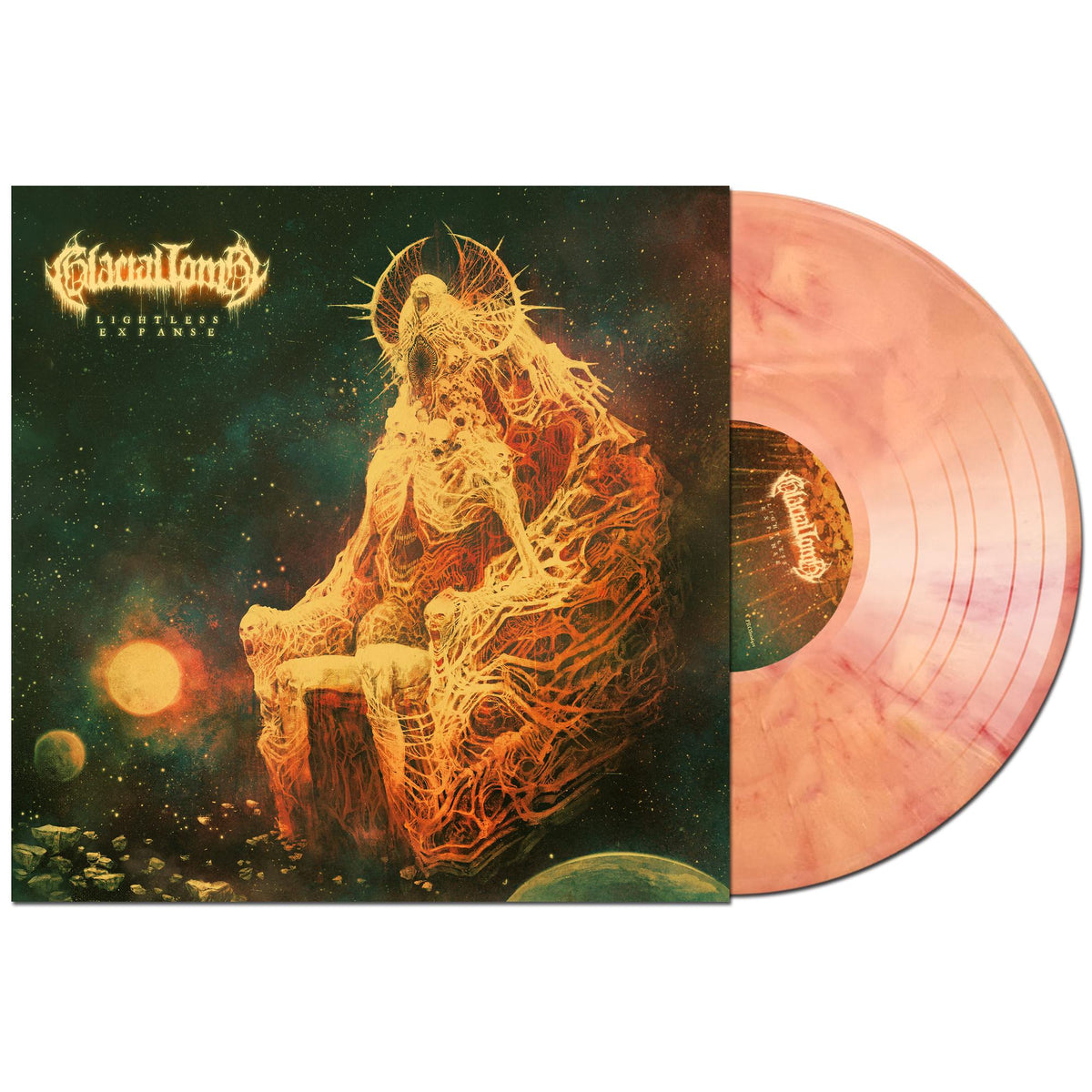 Vinyl record cover art showing a skeletal figure on a throne with marbled vinyl.