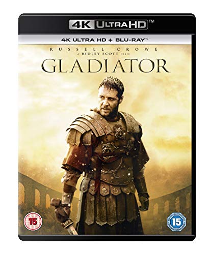 Gladiator 4K Ultra HD and Blu-ray cover featuring Russell Crowe in Roman armor.