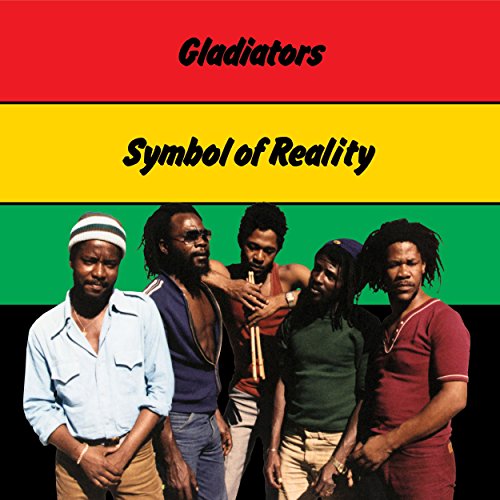 Reggae band Gladiators album cover with group portrait and Rastafarian colors.