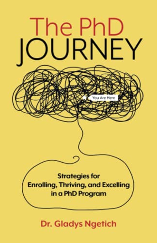 Book cover: "The PhD Journey" by Gladys Ngetich, with tangled thread illustration.