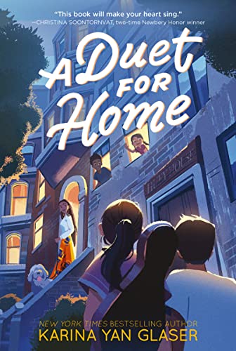 Book cover: illustrated townhouse with people, title "A Duet for Home".