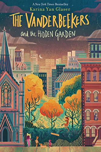Book cover with illustrated cityscape, trees, and children in a garden.