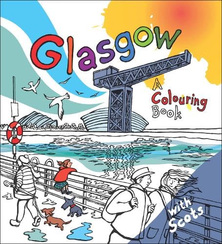 Colouring book cover depicting Glasgow landmarks, people, and birds in line art.