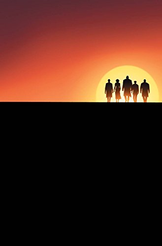 Silhouetted figures walk towards a bright sunset on a dark horizon.