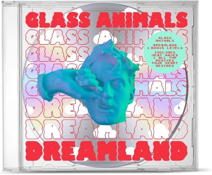 "Glass Animals - Dreamland album cover featuring a blue statue head inside a CD."