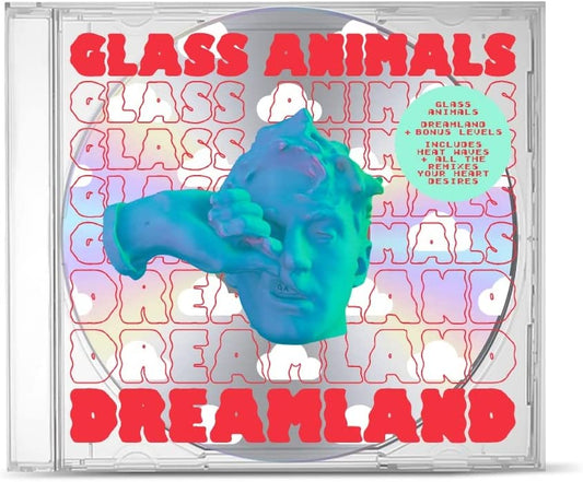 "Glass Animals - Dreamland album cover featuring a blue statue head inside a CD."