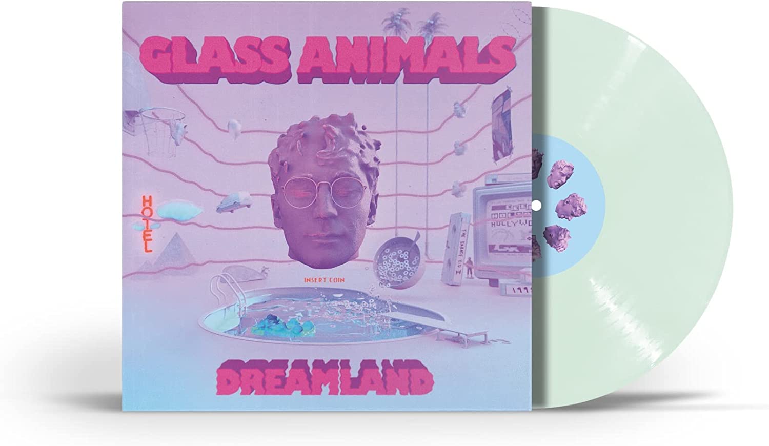 "Album cover with surreal art featuring a bust wearing sunglasses and neon lights."