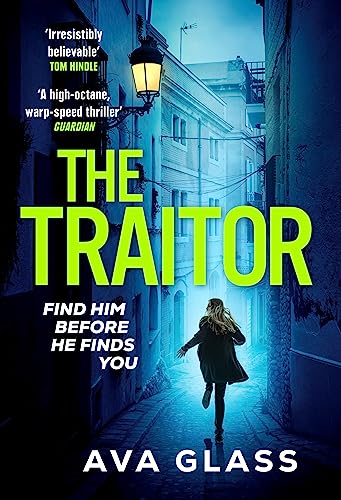 Book cover showing a woman running down a dark, blue-lit narrow European street.