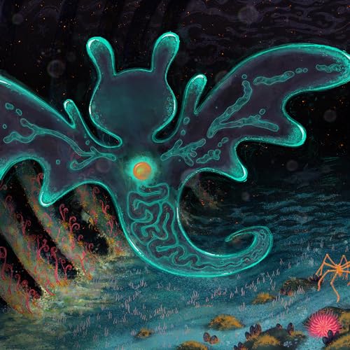 A glowing, translucent, winged creature floats above a dark, textured underwater landscape.