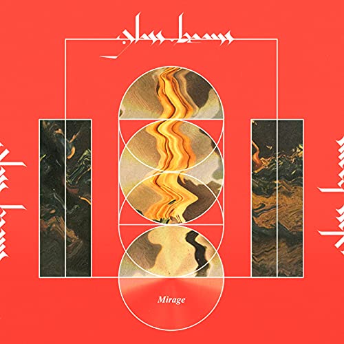 Red album cover with abstract circular and rectangular marbled designs.