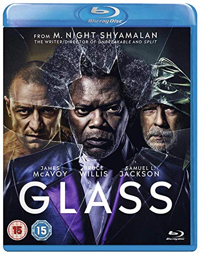 Blu-ray cover for the film Glass featuring James McAvoy, Bruce Willis, and Samuel L. Jackson.