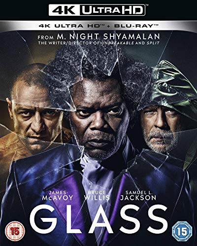 Movie poster for Glass featuring James McAvoy, Samuel L. Jackson, and Bruce Willis behind glass.