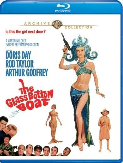 The Glass Bottom Boat" Blu-ray cover featuring a woman with a gun.