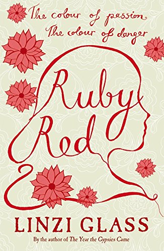 Book cover: "Ruby Red" with red floral designs and a profile silhouette.