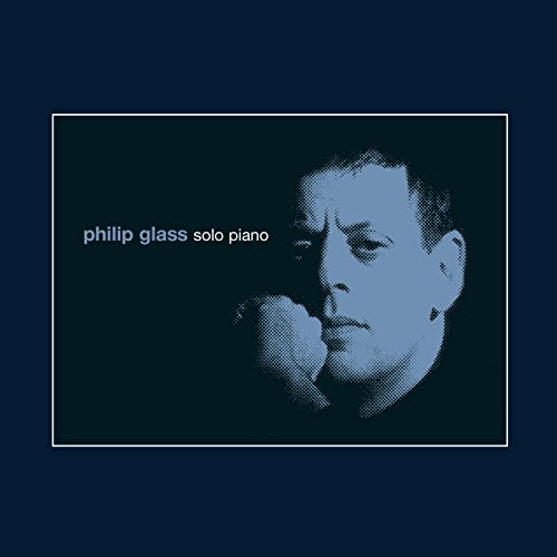 CD cover featuring a blue-toned portrait of composer Philip Glass.