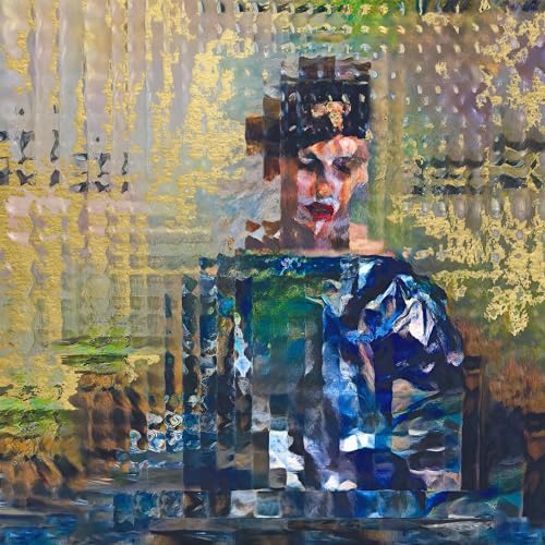 Abstract portrait with gold and blue tones, resembling fragmented glass.