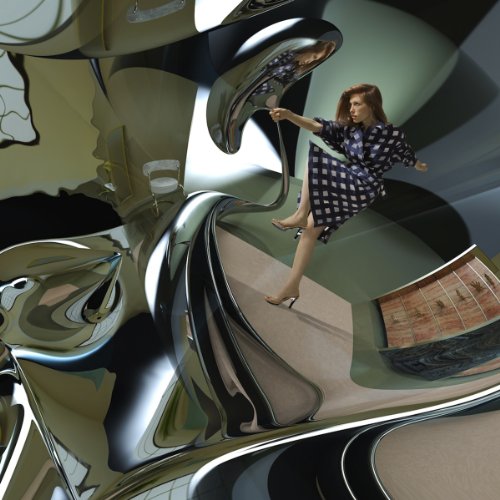 Woman reaching toward distorted, reflective surfaces in a room.