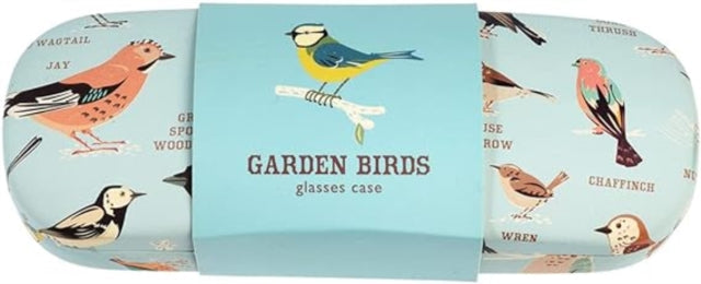 Light blue glasses case featuring illustrations of various garden birds and their names.