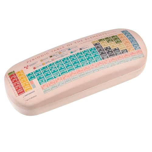 Pale pink glasses case decorated with a colorful periodic table design.