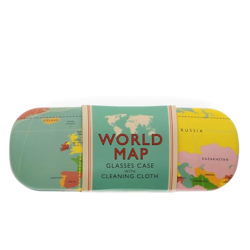 Glasses case decorated with a vintage-style world map illustration.