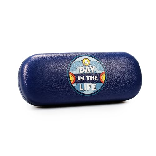 Dark blue hard glasses case with "A Day in the Life" design.