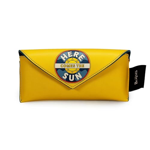 Yellow soft glasses case with "Here Comes The Sun" Beatles logo.