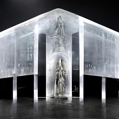 Illuminated glass structure with a sculpted figure inside, nighttime.