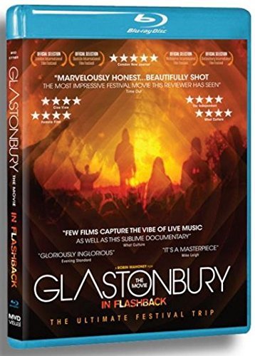 "Blue-ray case with a concert scene cover, titled 'Glastonbury: The Movie In Flashback'."