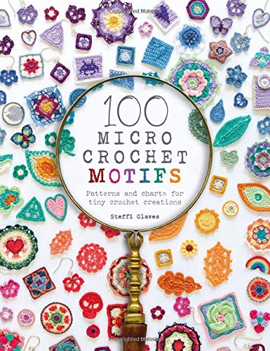 Book cover with a magnifying glass over the title surrounded by tiny crochet motifs.