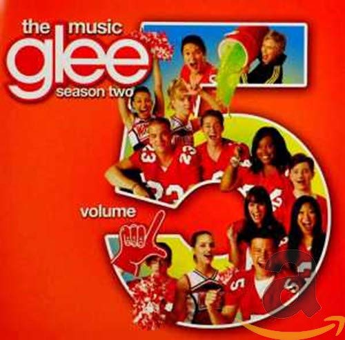 Album cover for Glee: The Music Volume 5 featuring cast members on red background.