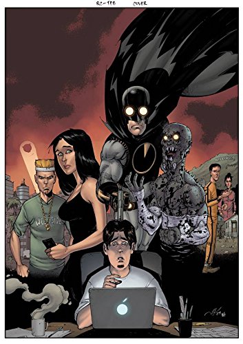 Comic book cover featuring a dark superhero and diverse group of people.