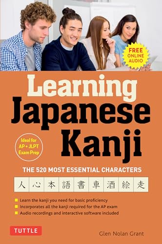 Book cover: "Learning Japanese Kanji" with diverse people and example characters.