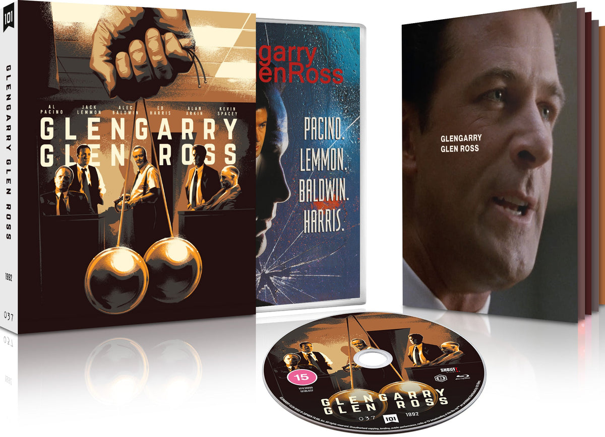 Glengarry Glen Ross" Blu-ray case with film actors and a reflective disc.