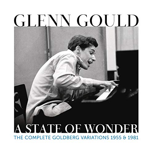 Black and white album cover featuring pianist Glenn Gould at a piano.